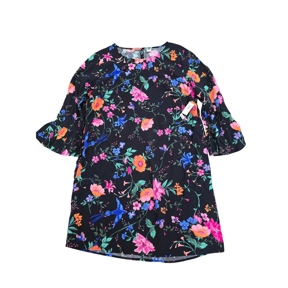 Old Navy Floral Print Dress Womens Large‎ Black Pink Blue Bell Sleeve